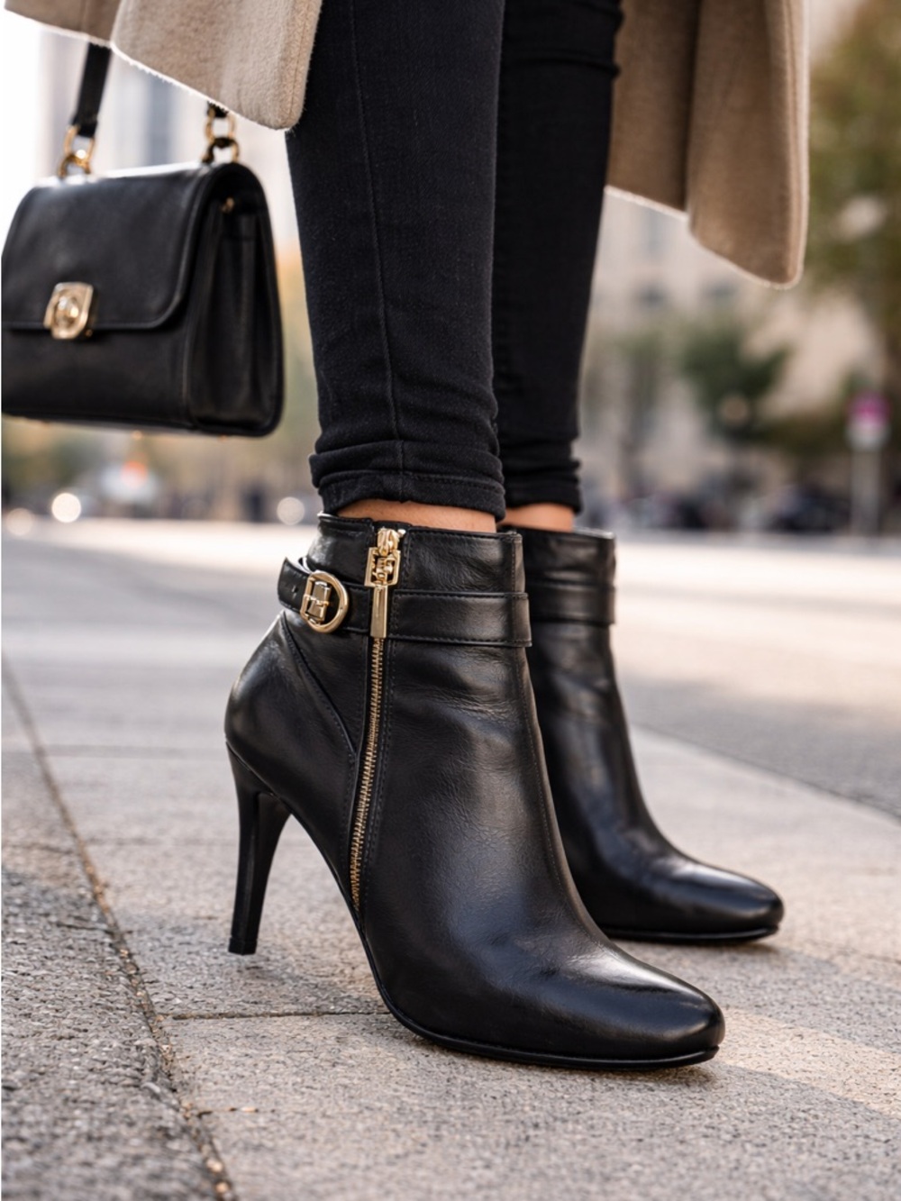 Tory Burch Black Leather Ankle Booties with Gold Accent
